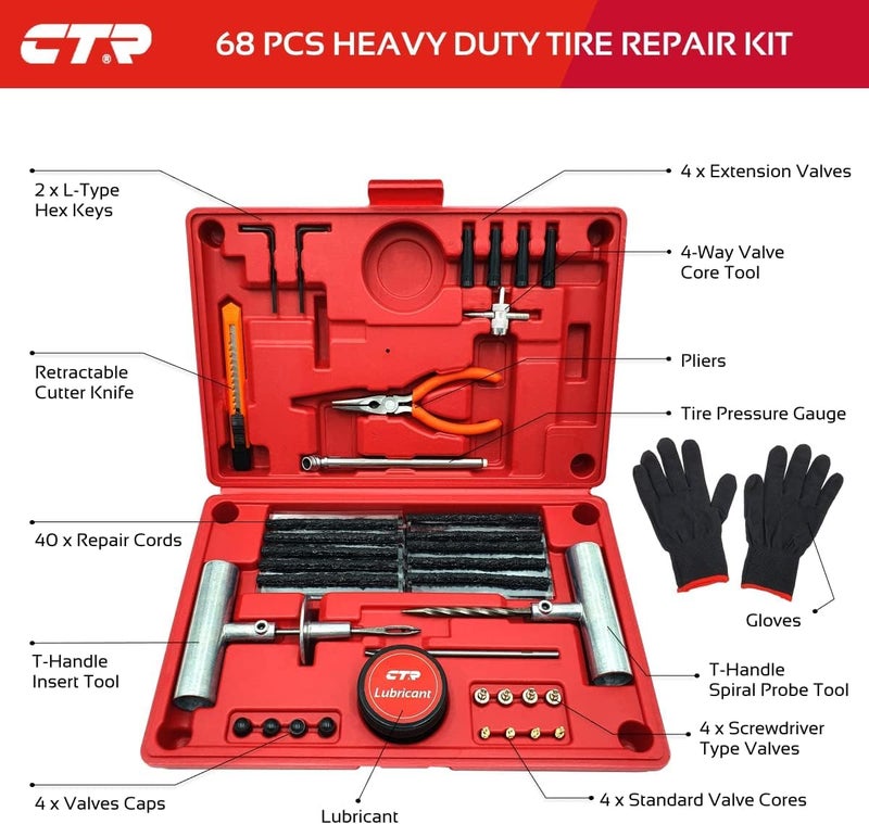 CTR Heavy Duty Tire Plug Kit - 68pcs All-in-One Universal Tire Repair Kit with Plugs, Professional Tools for Tubeless Tyre Flats for Cars, Truck, RV, SUV, ATV, Motorcycle, Tractor, Trailer - GE0001 - Image 2